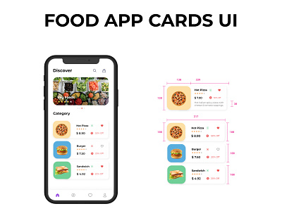 Food App UI - Cards Design app app design branding card design cards clean colors food app food app ui homepage icons minimal mobile ui typography ui ui kit design uidesign uiux ux uxdesign