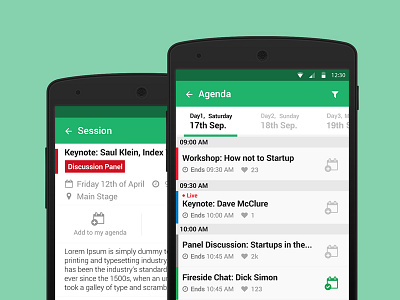 Eventtus Agenda & Session Screens | Android agenda bookmark like session speakers