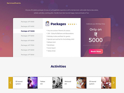 Party Packages book choose offer package pricing webdesign