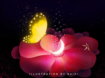 2020.10.26 Monday butterfly flower illustration moon 插图