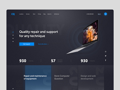 Website for equipment service, dark theme.