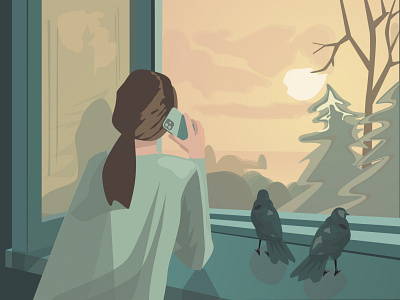Sunset creativity girl talking on the phone illustration people pigeons scenery sunset
