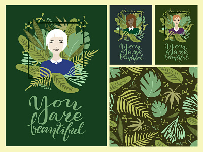 You Are Beautiful cards dark lettering plants portraits tropical vector women