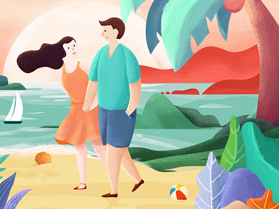 Accompany you to say love for life. beach branding design hand in hand happiness illustration on vacation romantic seaside summer travel