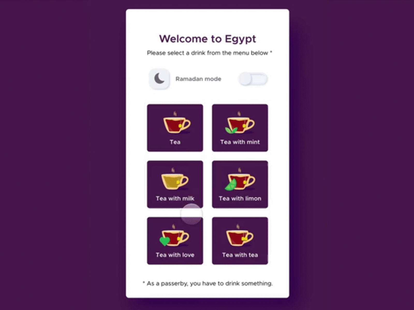 Ramadan Kareem - UI practice adobe animation app drinks egypt hot illustrator interaction limon mint protopie tea ui xd