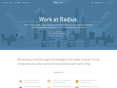 Radius Jobs Page austin icons illustration landing page san francisco skyline web design