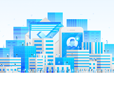 Test Drive Illo blue buildings check city contact crowds illustration people phone skyline tech