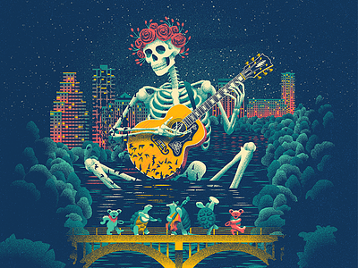 Dead and Company Poster - Austin and company austin bats dead grateful guitar illustration lake roses skeleton skyline trees