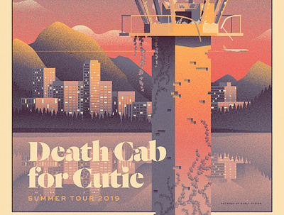 Death Cab for Cutie Summer Tour Poster - Variant abandoned city clouds control death cab for cutie gig grain illustration mountains plane poster shore skyline sunset tower vines