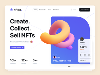 nftee. - NFT Marketplace Web Concept / Light 3d abstract auction clear collection concept inspiration light marketplace nft nfts uidesign uiux visual visualdesign webdesign website