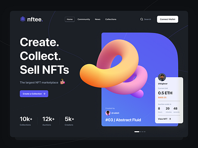 nftee. - NFT Marketplace Web Concept / Dark 3d abstract auction clear collection concept dark inspiration marketplace nft nfts uidesign uiux visual visualdesign webdesign website
