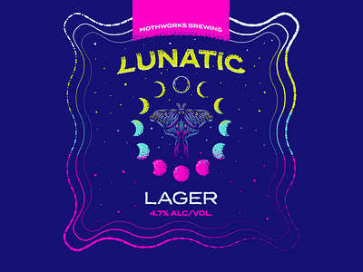 Magical Moth Week Day 2 -- Lunatic Lager beer label branding design drawing icon illustration logo moths typography ui ux vector