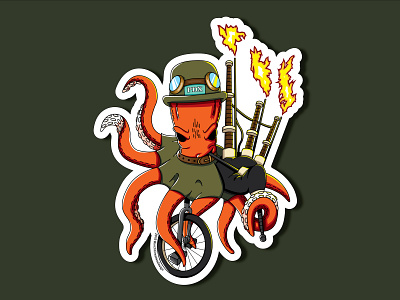 PDX Octopus Unipiper Stickers bagpipes branding drawing illustration logo octopus steampunk tentacles unicycle vector
