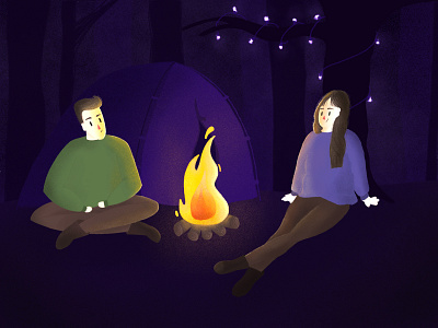 Love & chill and camping camp camping character chill couple dark design fire forest illustration ipadpro lights procreate vector