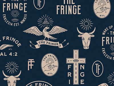 The Fringe badge banner branding calf cross eagle eye hand monogram sun vintage