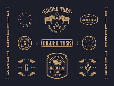 Gilded Tusk badge branding elephant hands liquor lockups minimal turmeric vintage