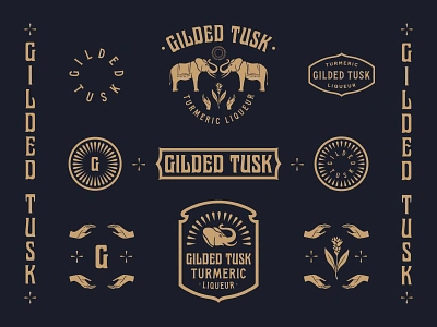 Gilded Tusk badge branding elephant hands liquor lockups minimal turmeric vintage