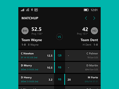 Matchups app dark fantasy football green minimal modern scoreboard ui