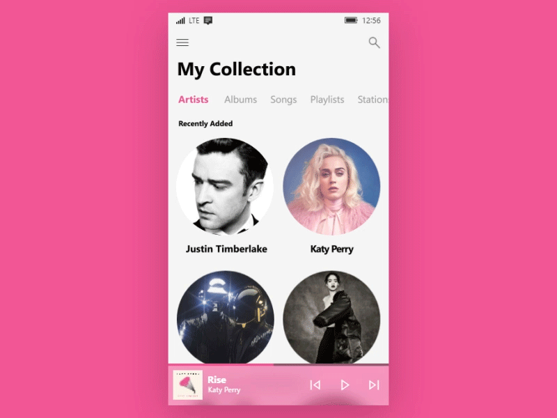Collection To Artist Detail Transition app apple ios microsoft minimal modern music neon pink ui white windows