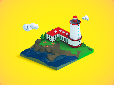 IsometricLife.WIP 3d architecture art birds buildings clouds grass illustration isometric landscape lighthouse low low poly lowpoly model photoshop poly render sea square trees yellow