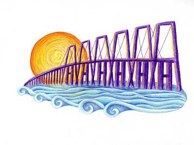 On the Lake Bridge bridge coloful crayons design illustration