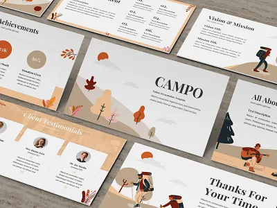 Campo – Adventure PresentationTemplate . abtract autumn bonfire brown business presentation campfire forest green journey mountain outdoor powerpoint template presentation simple summer tent tourism travel vacation