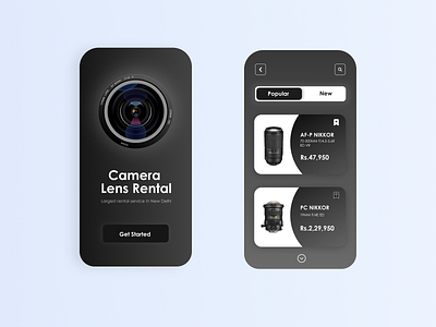 Camera Lens Rental App app branding dark mode design interaction design interface design minimal mobile app screen design ui user experience user interface ux web