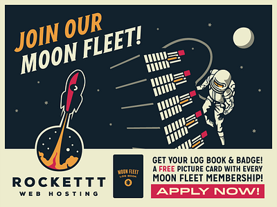 Rockettt - Join Our Moon Fleet advertisement astronaut badge growcase illustration log book logo moon moon fleet rocket rockettt space