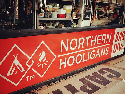 Northern Hooligans Bag Div Signage bag division bags carriers growcase hiking logo logo design northern hooligans sub branding