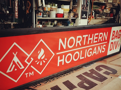 Northern Hooligans Bag Div Signage bag division bags carriers growcase hiking logo logo design northern hooligans sub branding