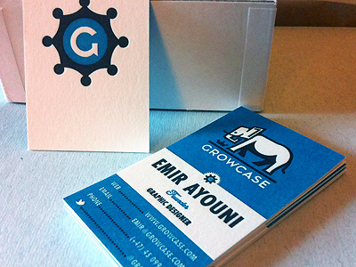 New Growcase Business Cards aldine printers business cards cran elephant embossed embossing emir ayouni futura graphic designer growcase identity logo print promotion riley cran made the logo