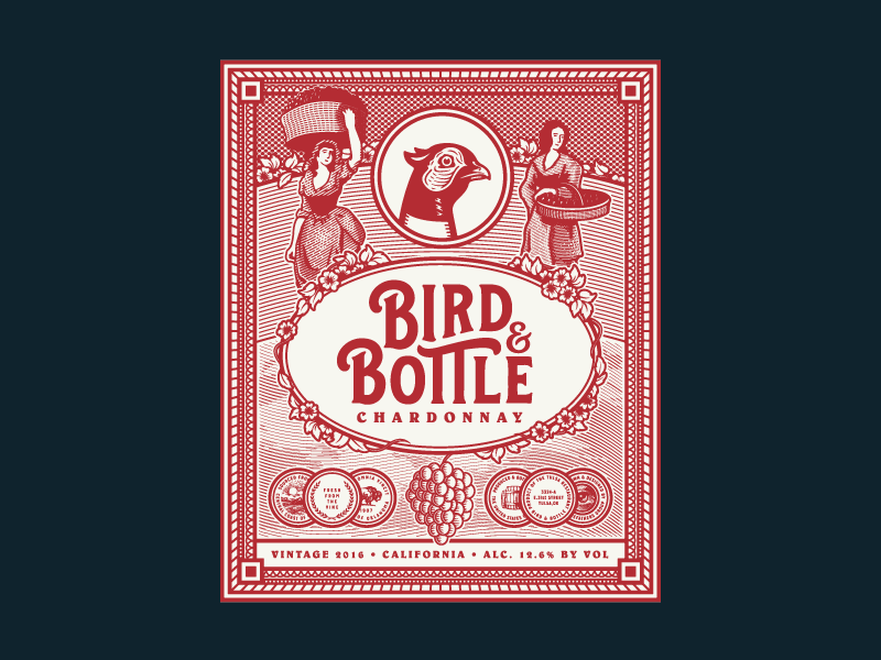 Bird & Bottle Wine Label Detail Slider americana antique art bird bottle tulsa oklahoma chardonnay pinot noir rosé engraving growcase luxury premium victorian vintage wine label design woodcut