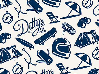 Ditty's Dry Goods - Tiled seamless icon pattern beach accessories branding dittys dry goods fishing camping surfing forefathers group growcase icons icon set design outdoor skateboard surfboard surfing tent