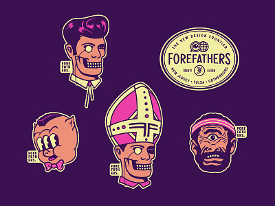 Creative Works Conference - FF Stickers barbeque bbq bowtie branding cartoon conference creative works cyclops elvis emblem forefathers ghost growcase illustration logo memphis tennessee porky pig sticker pack stickers sweatband
