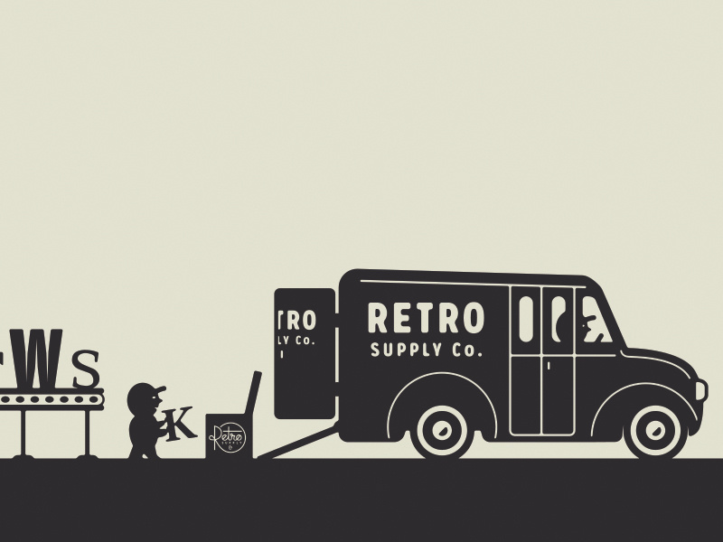 Retro Supply Co. - Footer Mural 3/3 factory designer resources workshop halftones custom fonts loading truck illustration website workers mural footer retro supply co