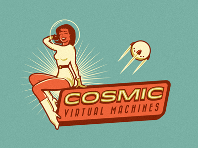 Cosmic Virtual Machines Logo branding cosmic virtual machines girl growcase identity idlewild logo logo design logo designer pin up retro satellite space space girl web hosting woman
