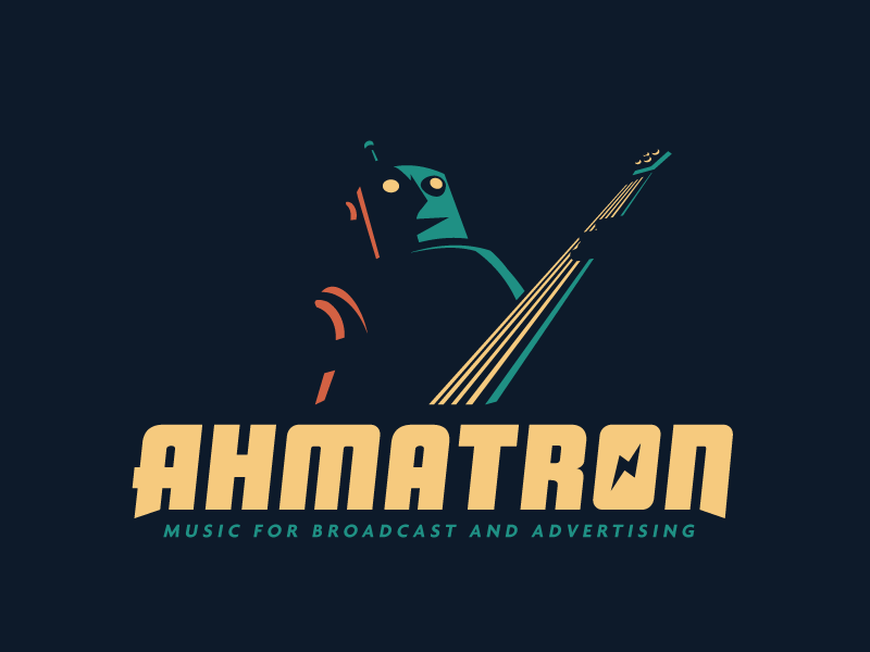 Ahmatron Logo negative space lighting growcase logo identity logotype branding ahmatron bass jam jamming robot bot robots rocker rock n roll music composer musician martin ahm nielsen denmark advertising broadcast tunes jingles jingle music bolt