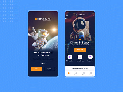 Hyper Jump App screens android app animation booking app dailyui design flat design illustration interaction design landingpage minimal spaceapp ui