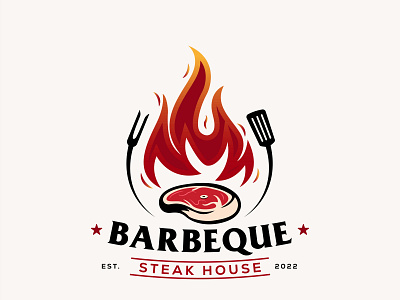 barbeque logo fire concept combined with steak beef and spatula