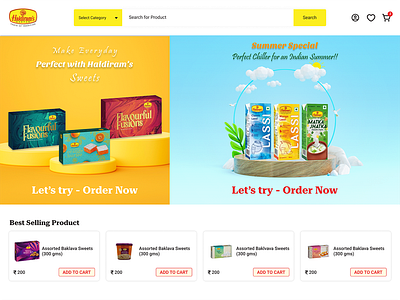 Online Sweet market website and Hladiram website trending food shop store sweet theme yellow