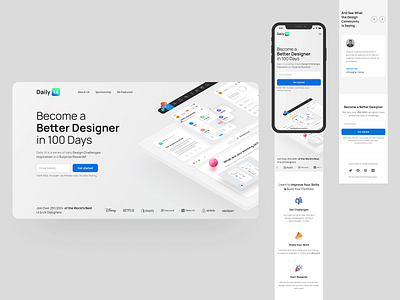 Daily UI #100 • Redesign dailyui.co 100 branding challenge clean daily ui daily ui 100 daily ui challenge dailyui finish hero landing landing page logo main page minimalist product design redesign ui ux web