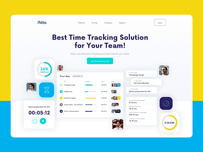 Nito - Time Tracking Solution - Hero Animation blue green nito people team teamwork time tracking tracking app ui ui design uxdesign yellow