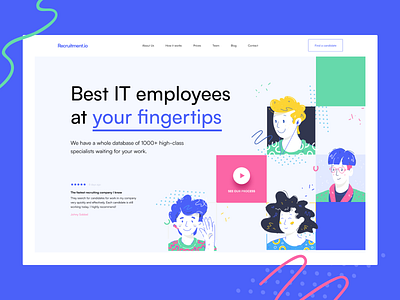 Recruitment.io - Hero Banner Concept blue draw employee green hero hero image hero section illustraion illustration it pink recruitment recruitment agency testimonial ui website website concept website design