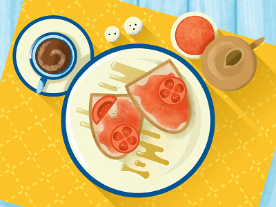 Tostada y Cafe con Leche breakfast bright coffee colourful digital food illustration spanish tostada