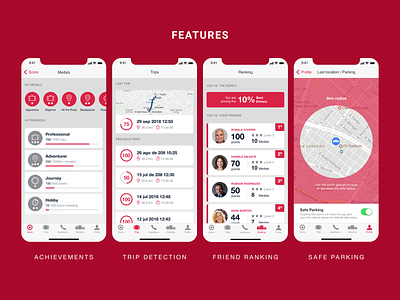 Car Companion App Features achievements car companion app features friends gamification insurance interaction design location mobile ui parking trips ui design ux design