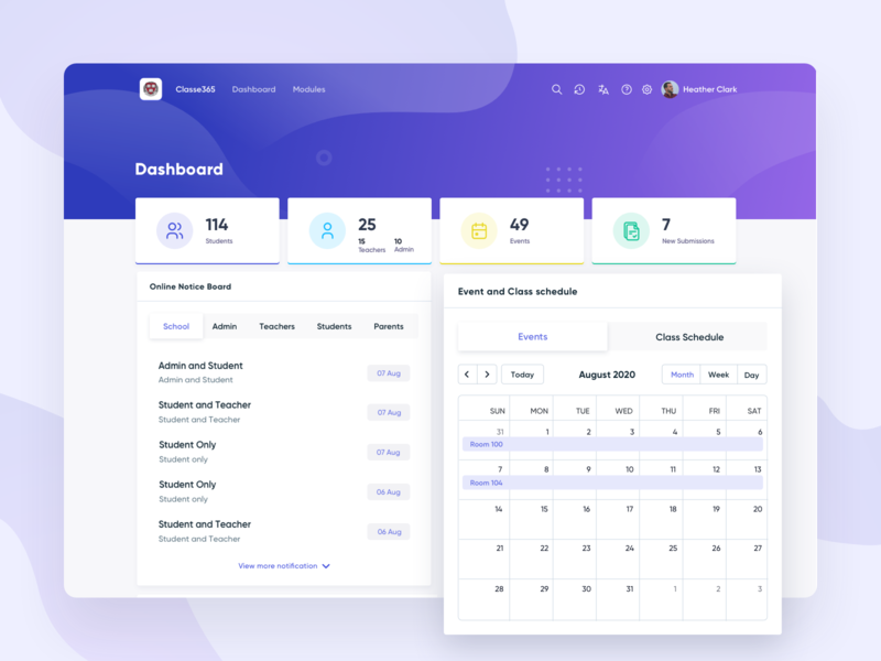 Dashboard - Classe365 calendar dashboard education app icons online course online learning saas saas design saas website student ux web