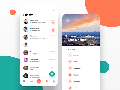 Nearby And Chat android card ios chat colors design designer experience design flat hotel icons illustration interaction animation ios message mobile app travel trip uiux user interface visual