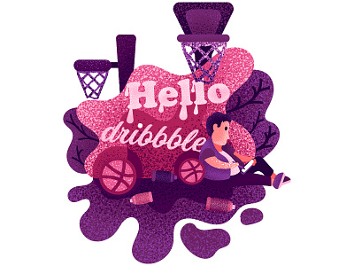 Hello Dribbble! basketball character digital grain brush graphic guy human invite landscape man style vector