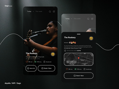 Sago - Social Events android app bands booking bookmark design details events flat icon icons illustration likes logo maps minimal music social ui ux