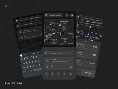Qi - Ridesharing android app booking bookmarks budget car design didi flat illustration location maps minimal ola ridesharing social tracker uber ui ux